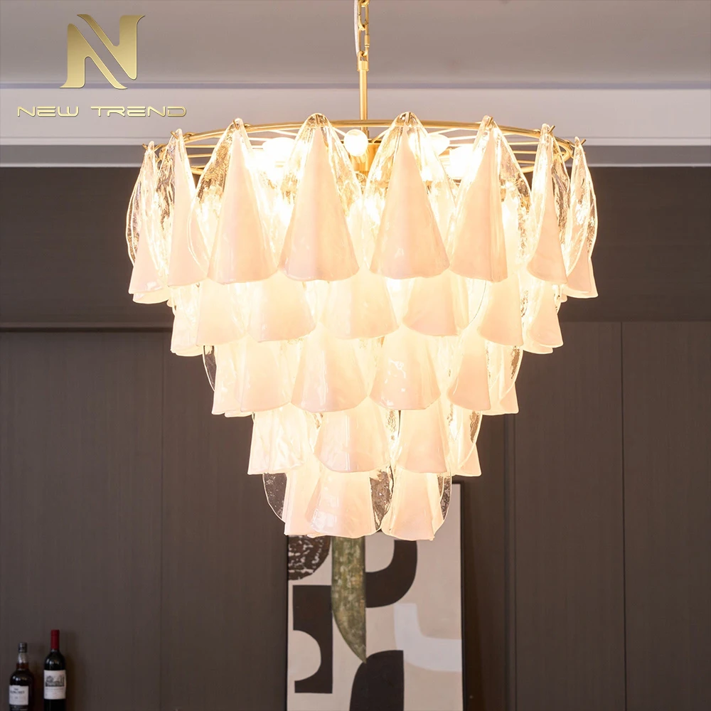 CPL-455 French Vintage Murano Glass Petal Chandelier – Luxury White Floral Pendant Light for Bedroom