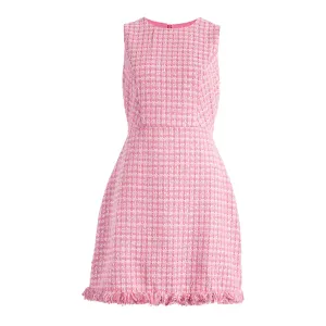 Women Elegent Party Fringe Detail Sleeveless Tweed A-Line Dress