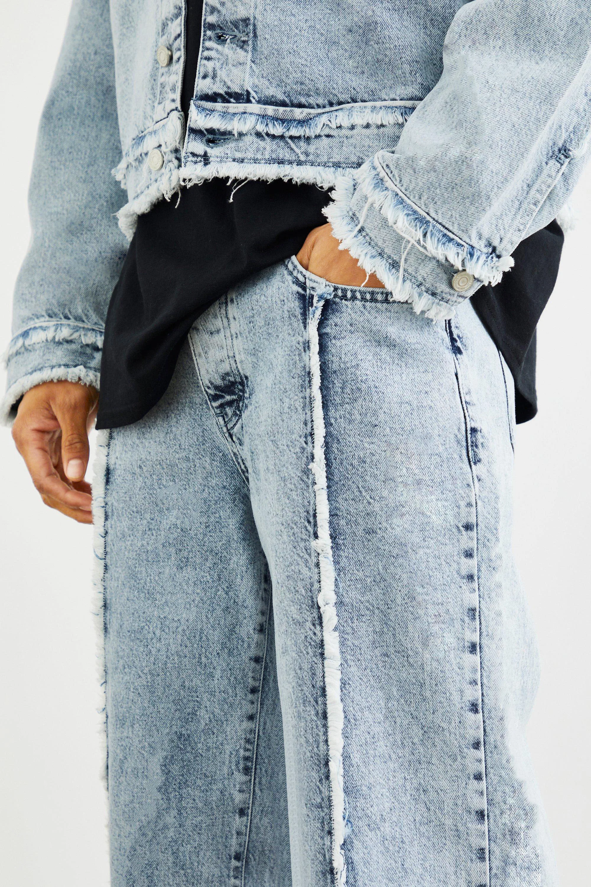 Custom Wholesale Factory Direct Sales of Men's New Casual Fashion Items Spliced Raw Edge Fried Snowflake Wash Straight Leg Jeans