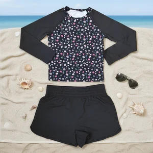 Wholesale Long Sleeve Two Piece Kids Swimwear Beachwear for Summer Custom Printed Floral Designs Girls' Swimming Bathing Suit