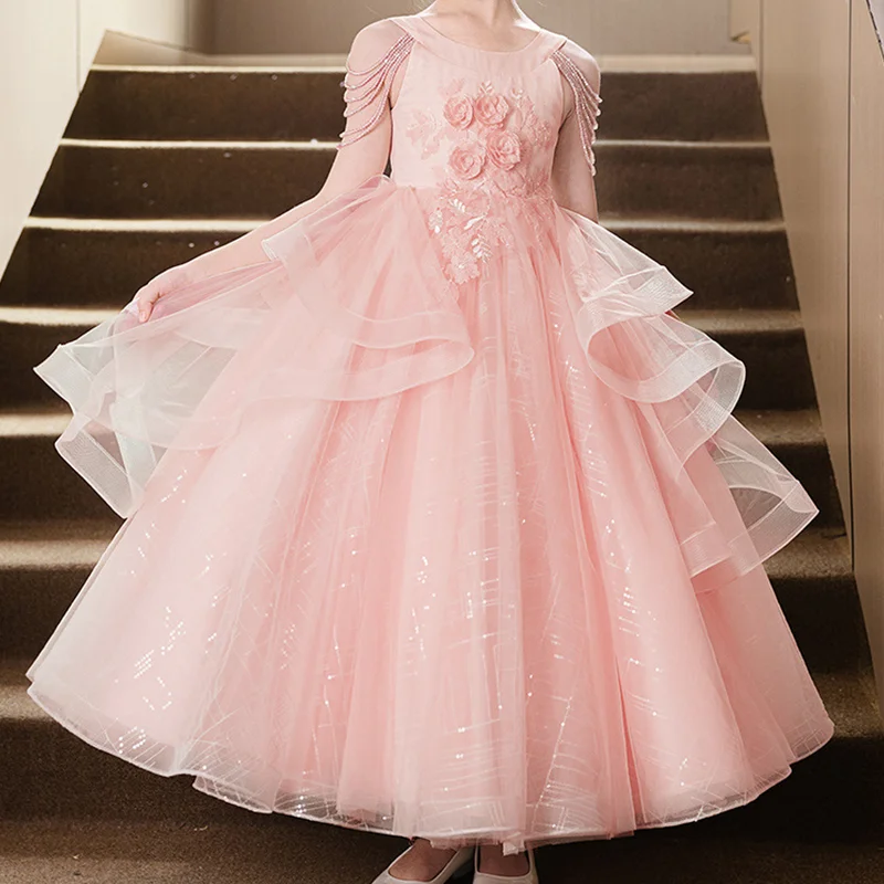 Lace Flower Girl Dress – Satin Princess Ball Gown With Bow, Long Sleeves, Floor-Length, For Weddings & Formal Parties Flower Girl Dresses