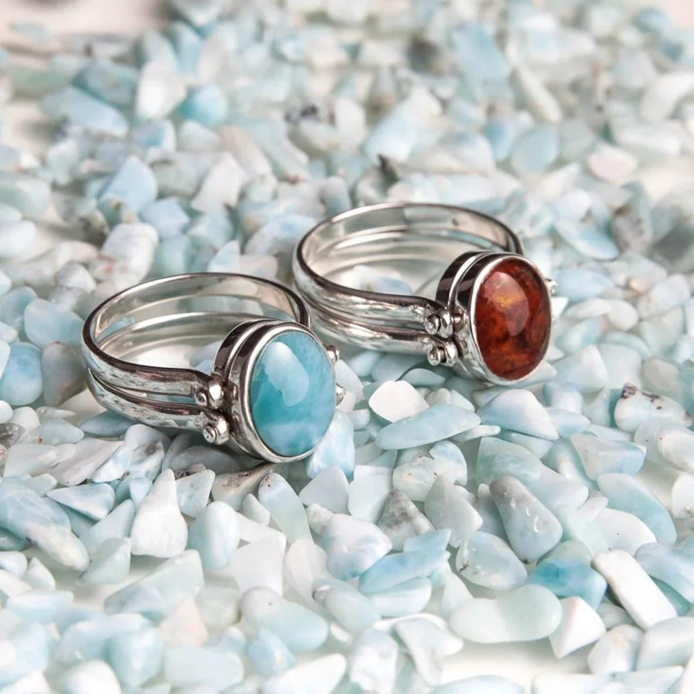 925 Sterling Silver Larimar Amber Ring Reversible Flip