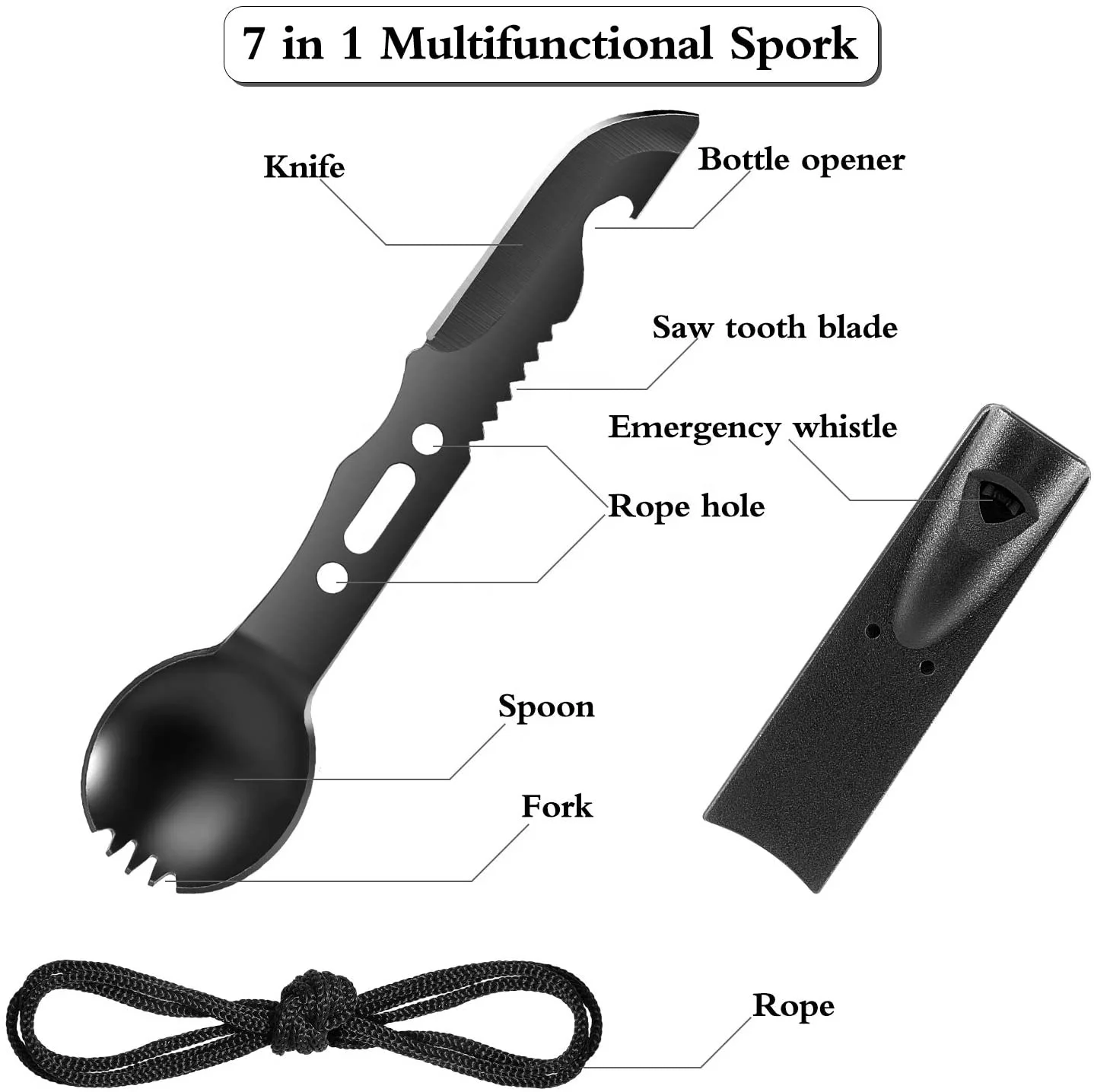 Kongbo Stainless Steel Functional Camping Spoon Fork Flatware 7 in 1 Multi-Use Survival Spork With Bottle Open and Whistle