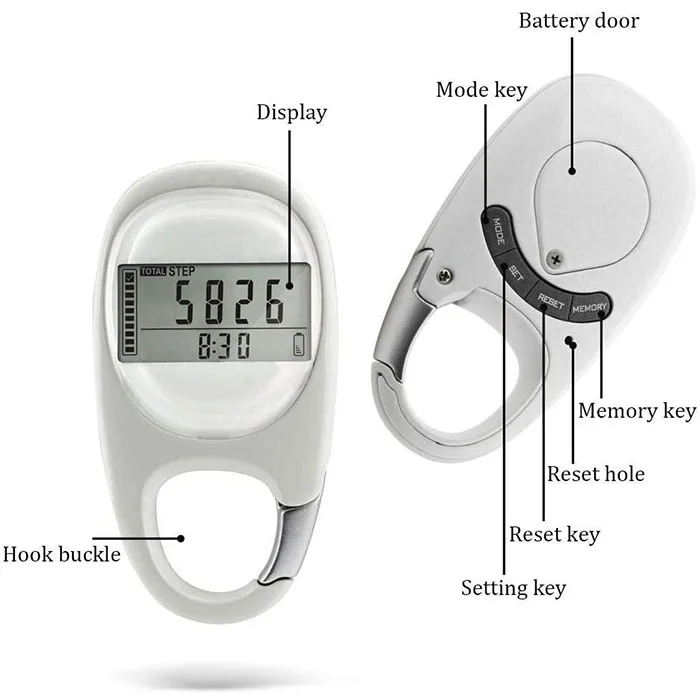 J&R Exercise Fitness Mini Digital Display 3D Sensor Walking Running Step Distance Counter Memory Carabiner Pedometer with Clip