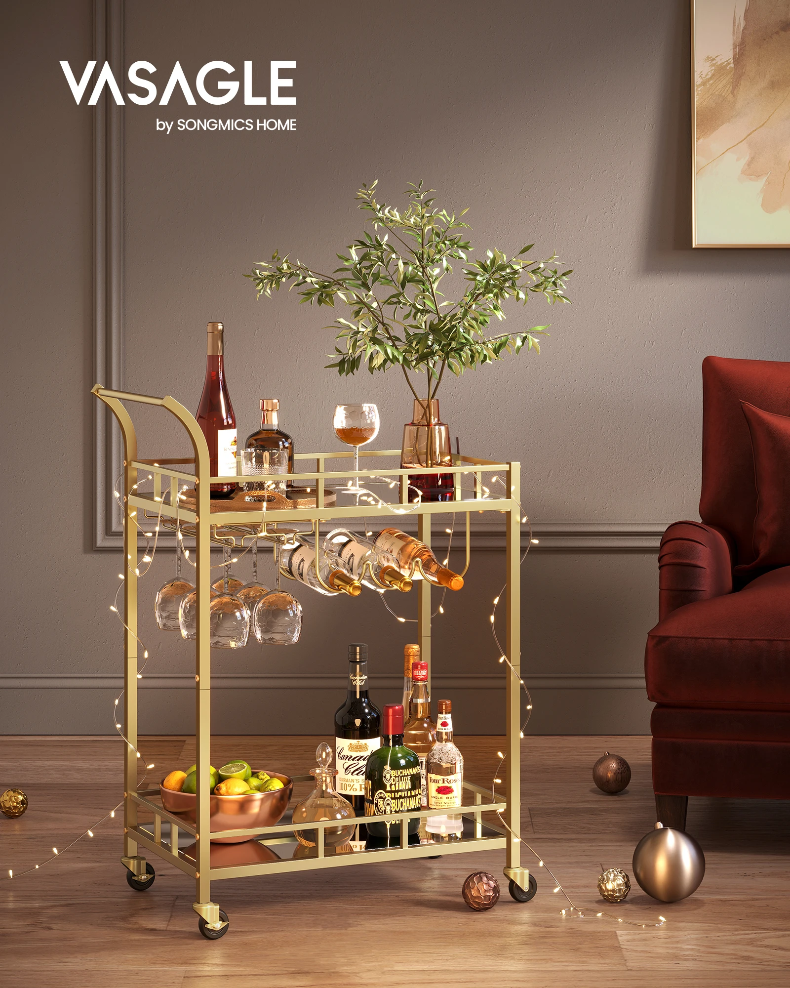 VASAGLE Cocktail Alcohol Trolley for Kitchen Dining Living Room Outdoor Serving Trolley  2 Tier Bar Cart With Wine Bottle Racks