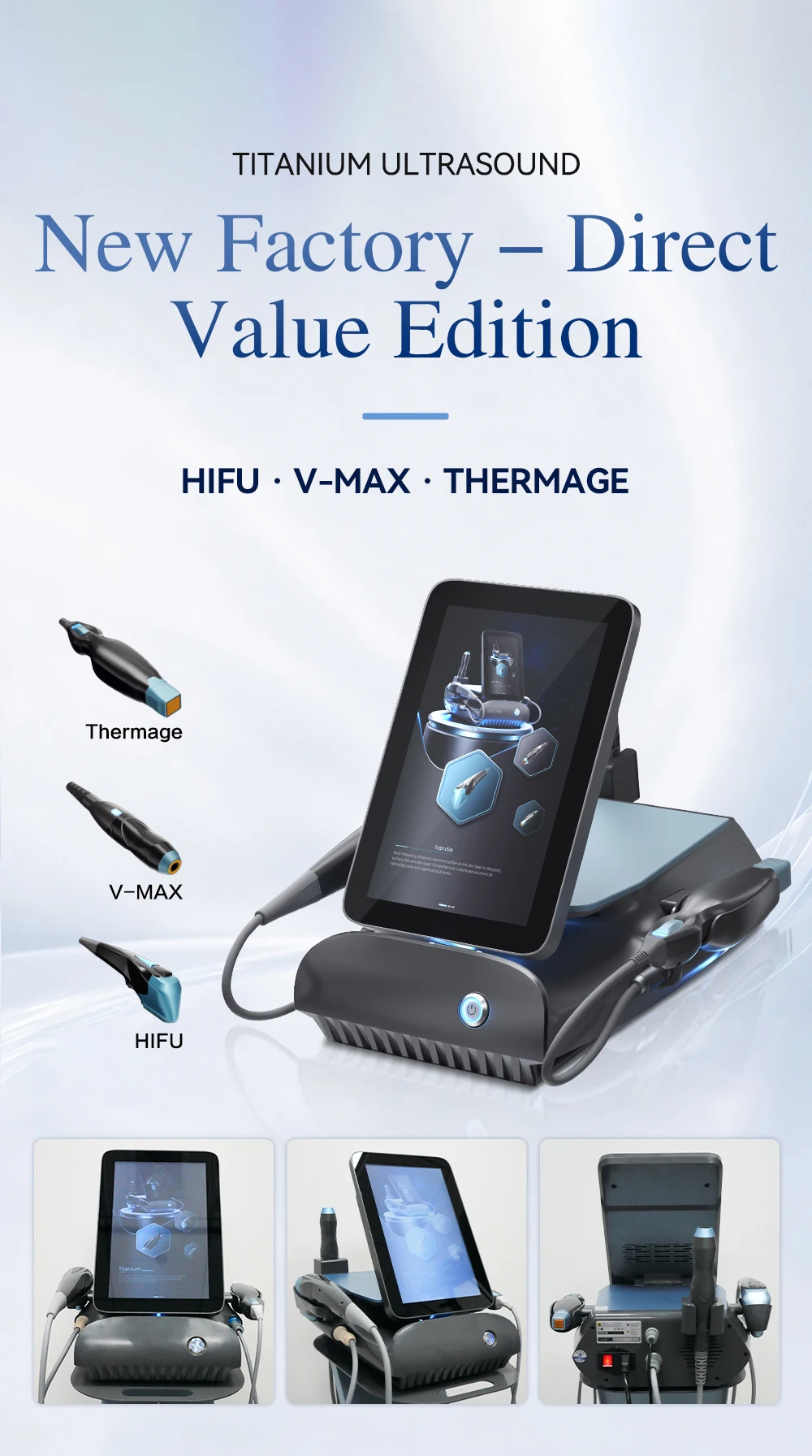 <p data-pm-slice="1 1 []">The 3-in-1 Titanium HIFU, RF & Ultrasound Skin Rejuvenation Machine combines Titanium Ultrasound HIFU, Vmax Multi-Shot HIFU, and Thermage-style RF technology in one professional aesthetic platform. Supplied with 7 Titanium HIFU cartridges, 5 Vmax HIFU cartridges, and 3 RF treatment tips, it supports customizable facial lifting, skin tightening, wrinkle-reduction, and body-firming treatments. With treatment depths ranging from 1.5 mm to 13 mm and dedicated eye, face, and body tips, this versatile system helps beauty salons, aesthetic clinics, and Med Spas expand their non-invasive skin rejuvenation service menu.</p> 3-in-1 Titanium HIFU RF & Ultrasound Skin Rejuvenation Machine