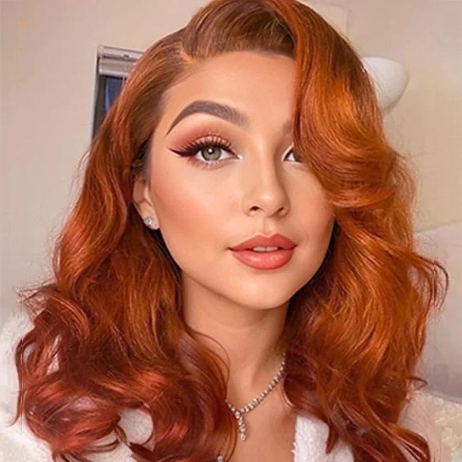Kurze Bob-Perücken, Ingwer-Orange, Boby-Wave-Bob-Perücken für Frauen, 180 % Dichte, 13 x 4 Frontalspitze_voghion.com