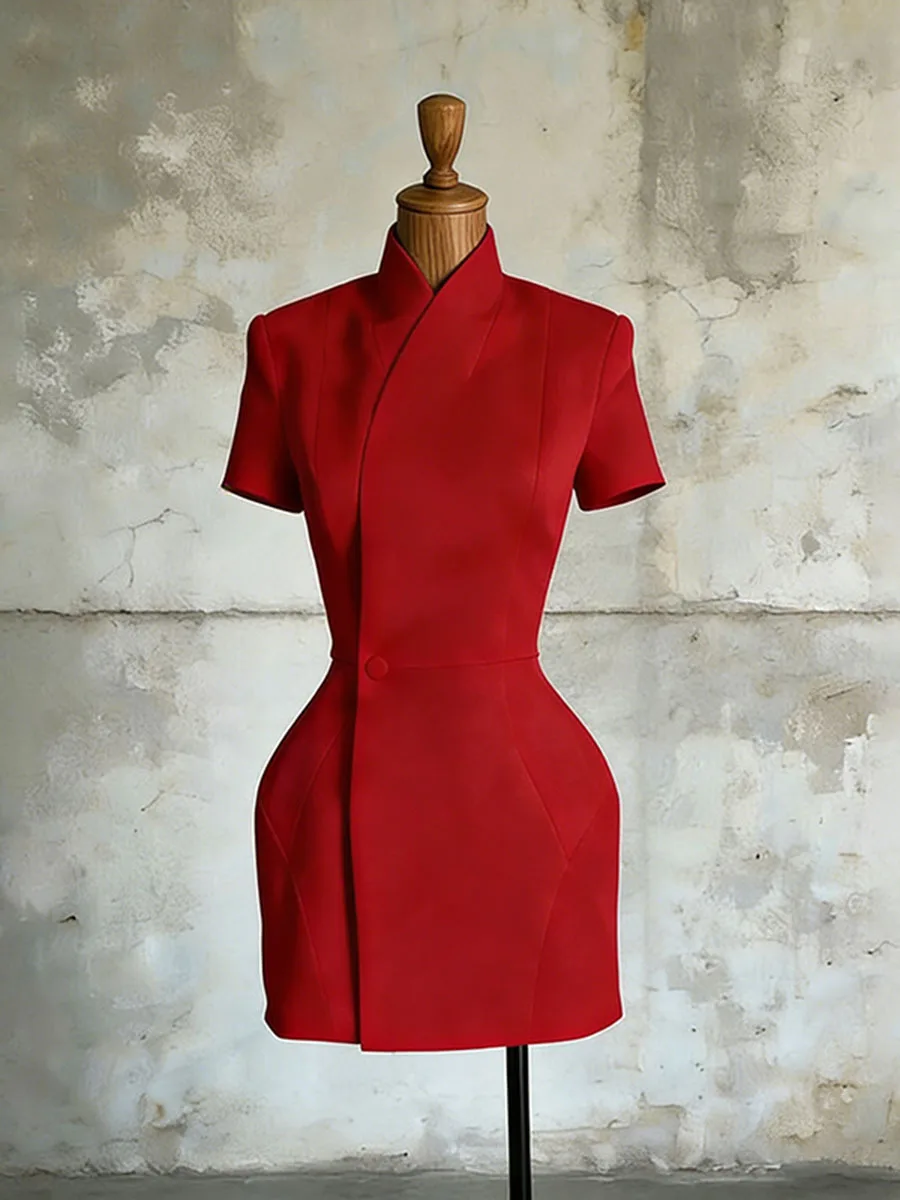 2026 New Style Stand Collar Single Button Design Slim Waist Dress for Women, Casual and Simple Solid Color Short Skirt