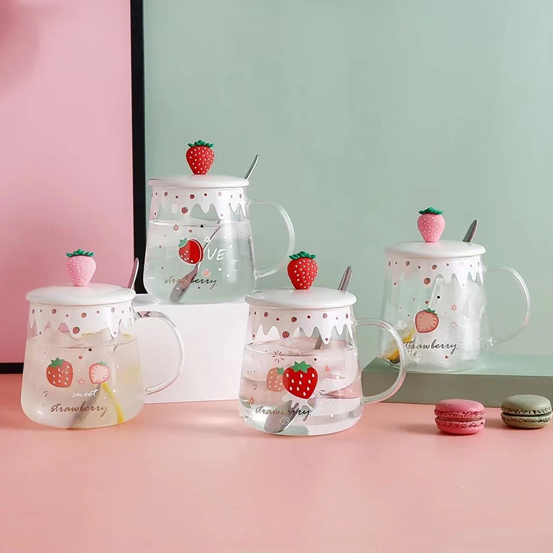 Danceemangoo Clear Glass Mug with Lid and Straw, 15 oz Drinking Glass Juice Cup, Cute Strawberry Pattern, Size: One