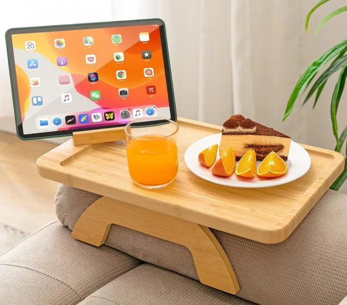 Shamrock Home Bamboo Couch Arm Tray Table With Device Holder - Clip On Sofa Tray For Remotes, Drinks, Snacks (Beige, 15.75 X 11 In)