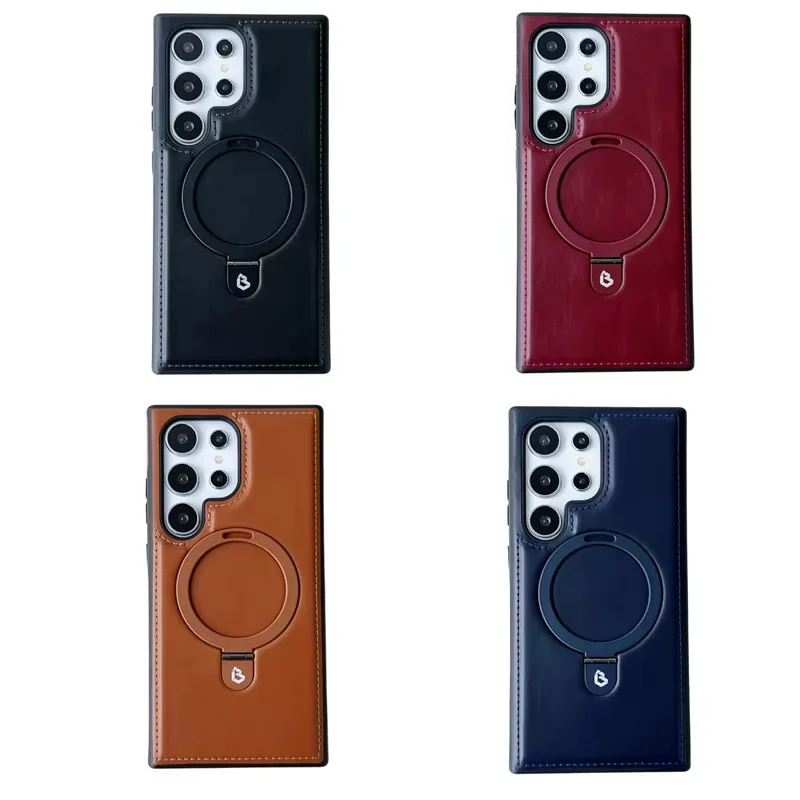 Ultra Case with Magnetic Bracket Stand Luxury PU Leather Metal Ring Holder Phone Cover for Samsung Galaxy S24 Ultra