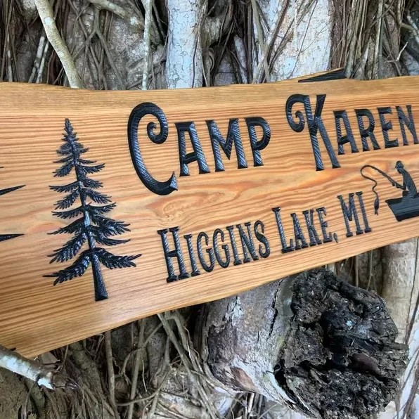 Wood Designer Wooden Design Pick Size and Font Wooden Carved Cabin Pine Trees Custom Camp Personalized Rustic Home Sign