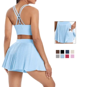 High Quality New Casual Yoga Set with Short Skirt with Pockets and Sports Bra for Workout Set