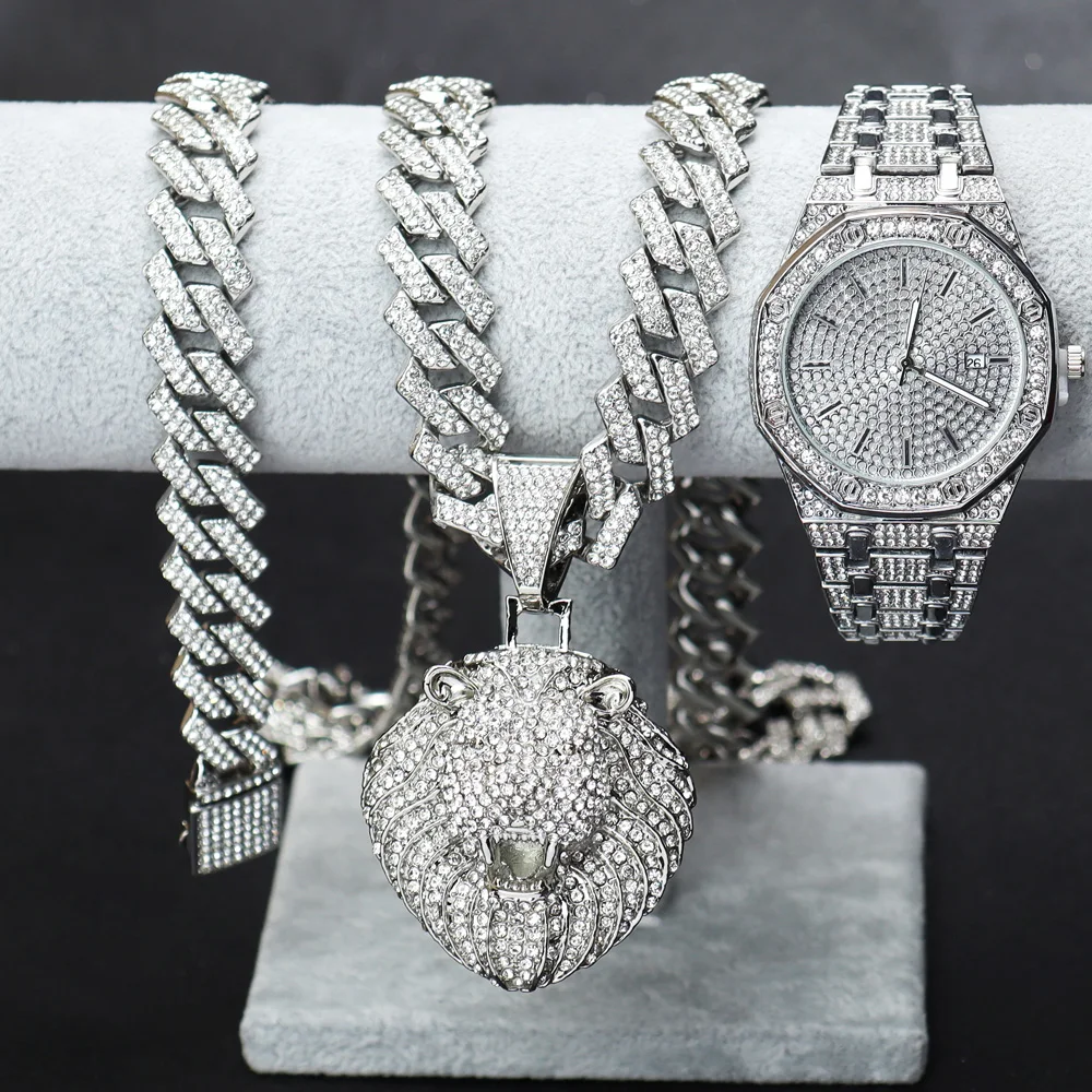 New Cuban Link Chain Men Watches Bracelet Set Silver Watch Gift Set Lced  Out Diamond Watch Man Hip Hop Jewelry Sets Wristwatches