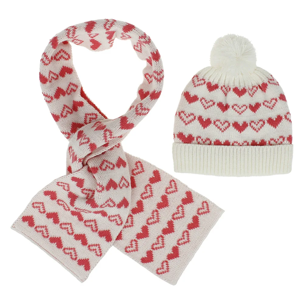 Комплект из шапки и шарфа с помпоном в виде РОЗОВОГО СЕРДЦА для маленьких девочек на