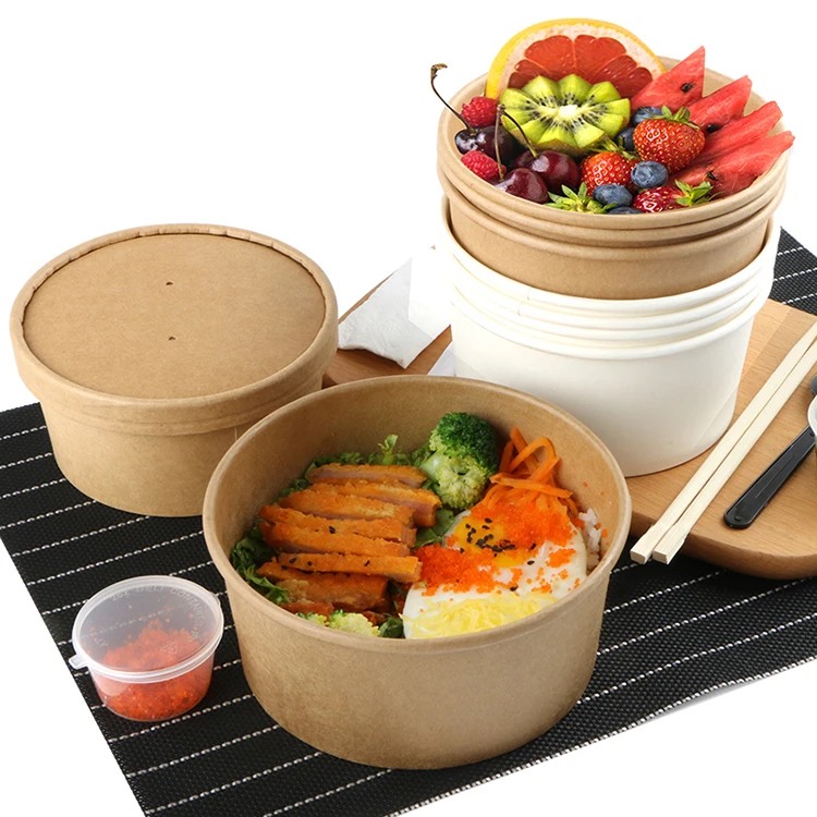 Waterproof Kraft Takeaway Food Customized Logo Disposable Heat Proof Paper Cup Noodle Salad Soup Bowl with Lid