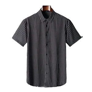 Recommend Men's Black Striped Plus Size Shirts Breathable Casual Short Sleeve Summer Shirts Men