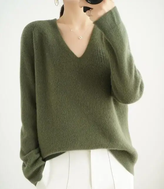 Custom v neck solid rib knit high quality women wool sweaters