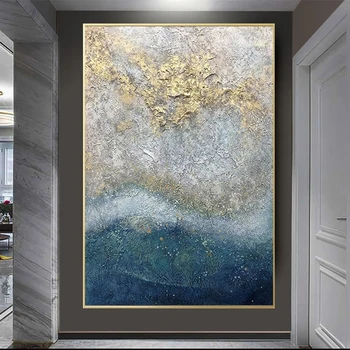 100% Handmade Modern style Customized Deep Blue Gold Abstract Wall Art Canvas Landscape Oil Painting