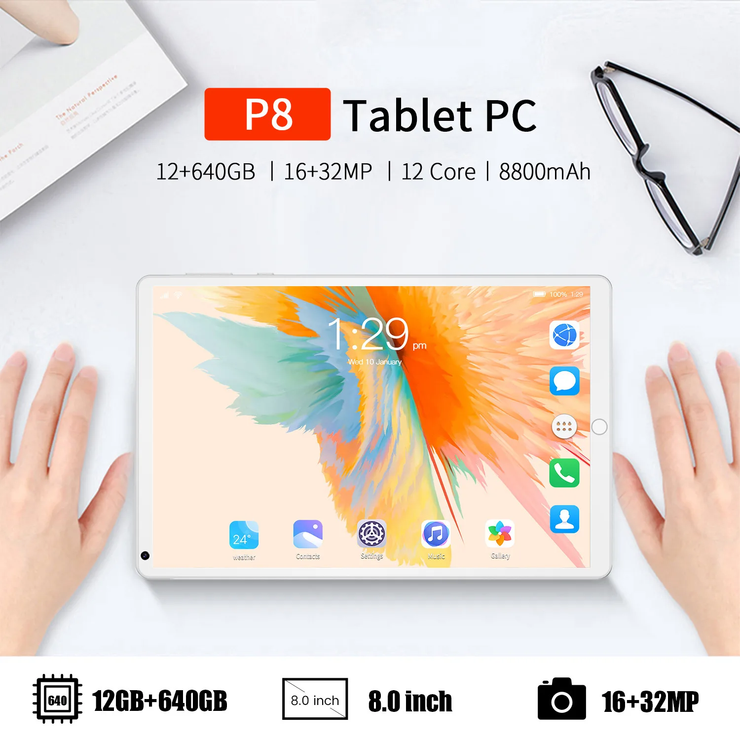 5g Tablet P8,8" Touch Screen Hd+ Display Dual Sim Card Android Tablet For Office,Education