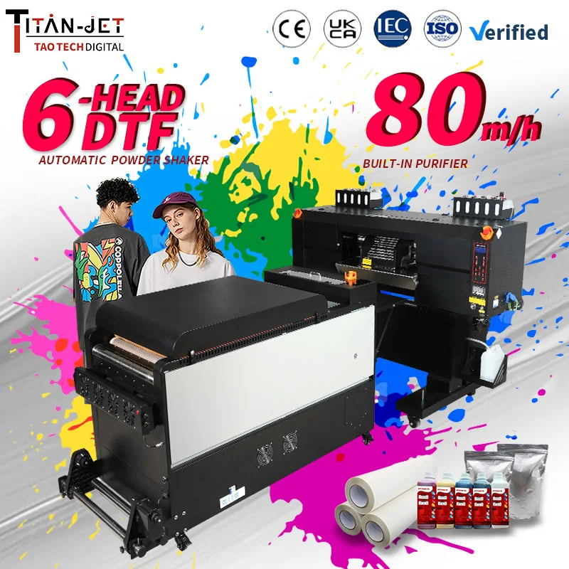 Titanjet 6-fejű DTF nyomtató Epson I3200 A1 nagy sebességű, tisztítóval, automata ciklusos porral, digitális pólónyomtatás
