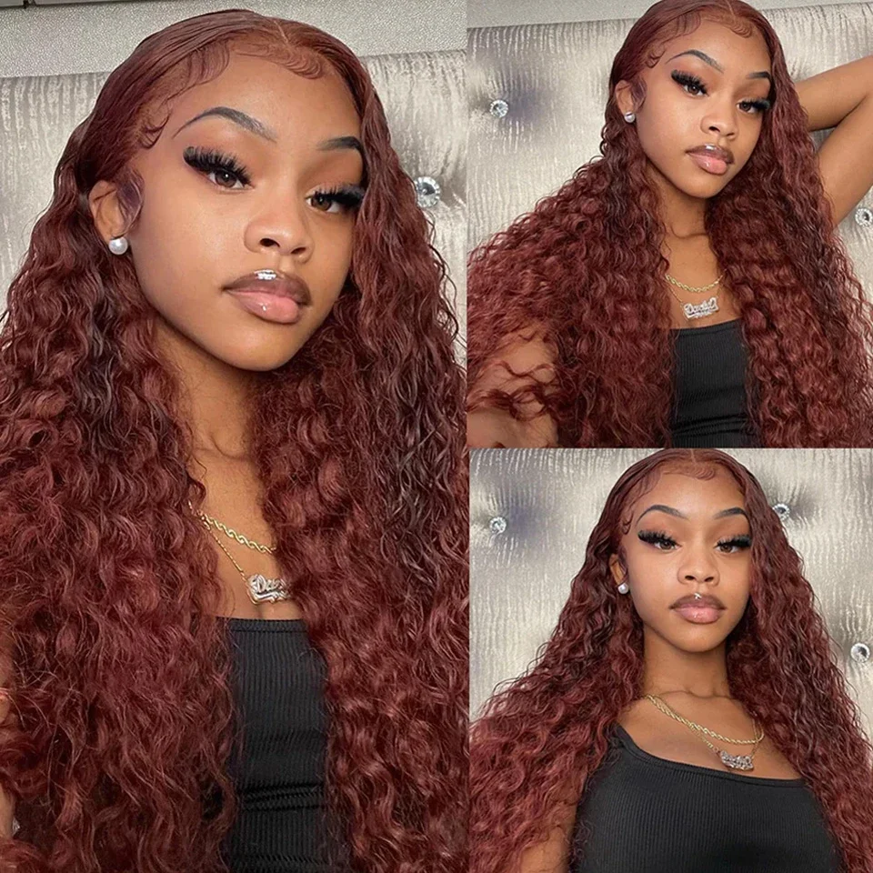 Rötlich braune Jerry Curly Lace Front Perücke Remy Echthaar 13x6 Kinky Curly Glueless Transparent Frontal Perücke_voghion.com