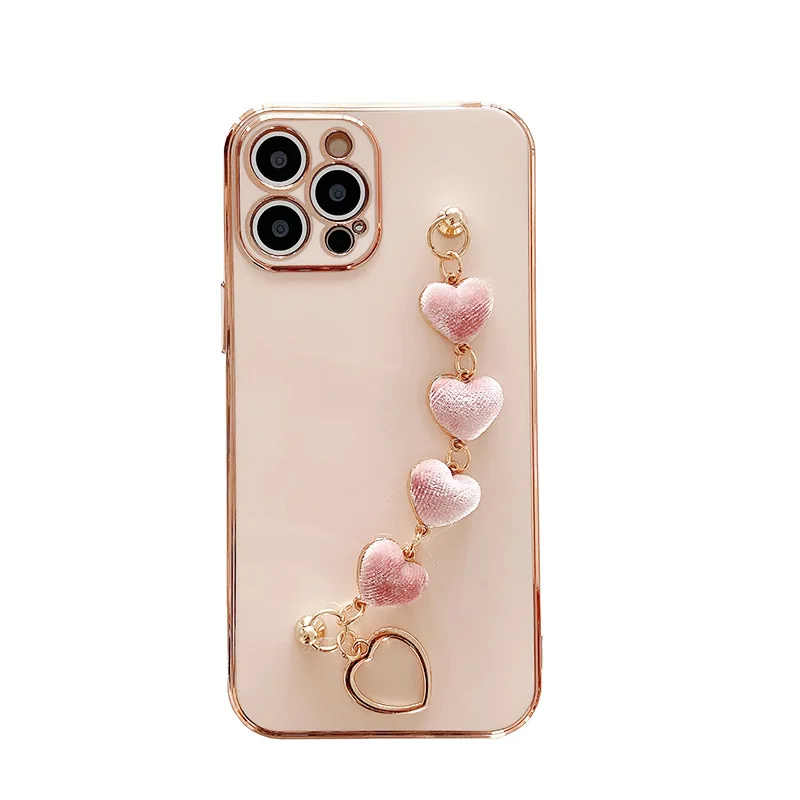 Omio Compatible with iPhone 13 Pro Max Square Case, Luxury Plating Soft  Glossy TPU Silicone Square Case with Love Heart Chain Bracelet Wrist Strap