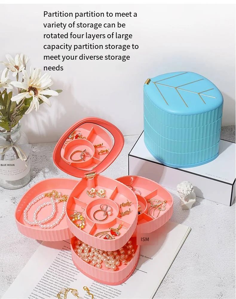 Creative multi-functional rotating leaf jewelry box Desktop storage box Earrings necklace headdress with mirror jewelry box details