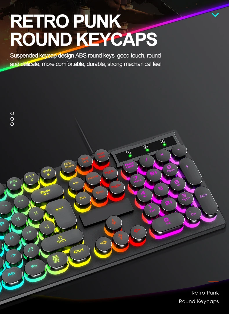 104 Keys Gamer Keyboard Wired Office Retro Computer PC Backlit Keyboard and Mouse Round Keycaps Gaming Keyboard Mouse Combo