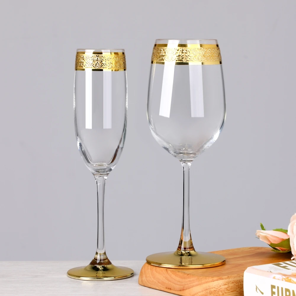 Vintage Crystal Etched Gold Rimmed Pattern champagne Flutes Cognac Cooler Cocktail Wine Glasses with Thick Gold Band Bottom