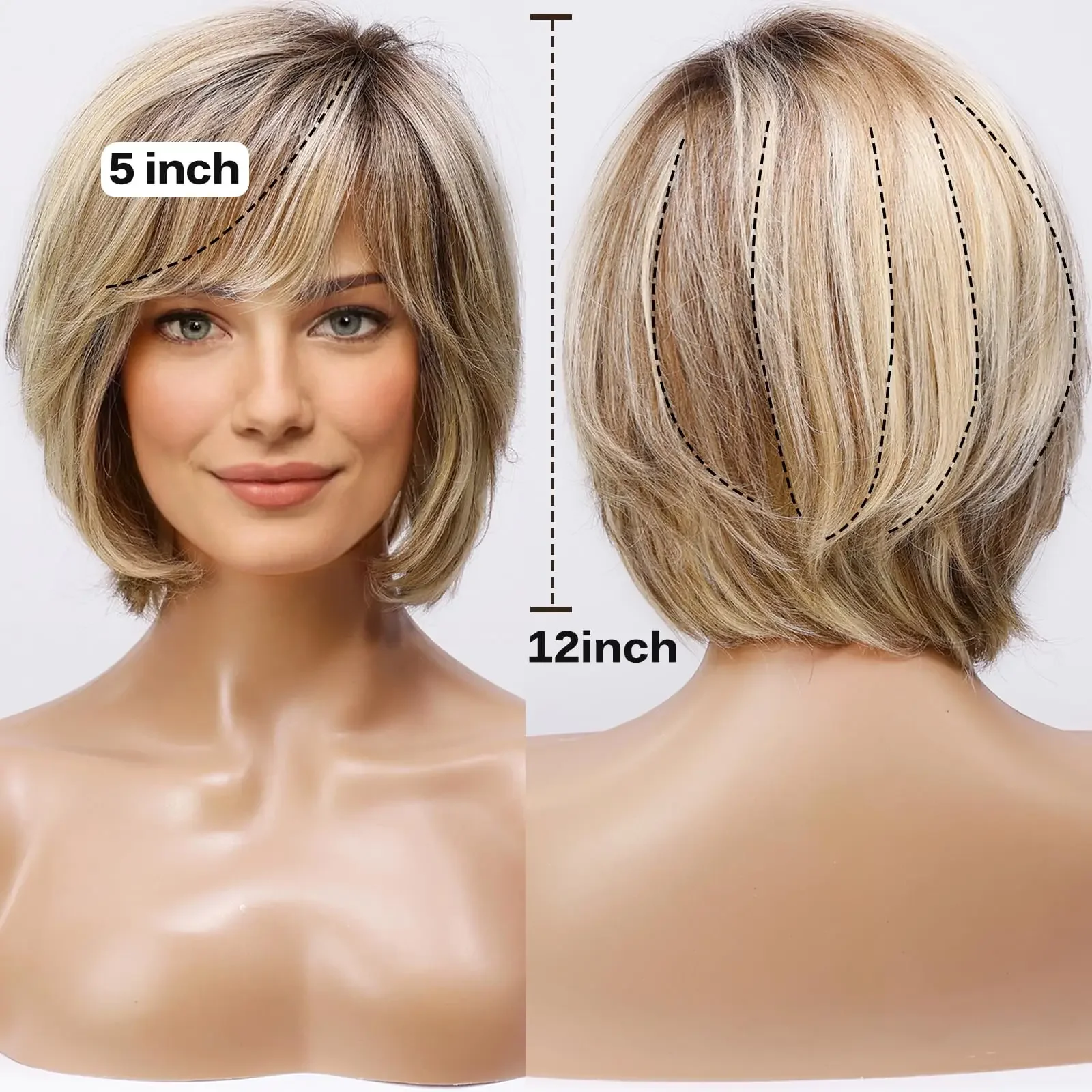 Parrucche frontali in pizzo con capelli umani biondi e castani ombré, corte, naturali e ondulate, Remy, per donne bianche_voghion.com