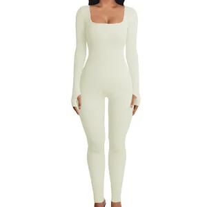 Women Jumpsuit Solid Color Ribbed Knit Long Sleeve Square Neck Bodycon Romper Workout Yoga Playsuits