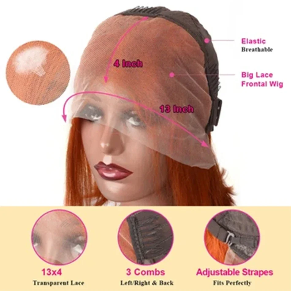Ingwer-orange, kurze Bob-Perücke, gewellt, für Frauen, täglich, vorgezupft, peruanisches Remy-Echthaar, 13 x 4 Zoll, Frontal-Spitze, Bob-Perücke_voghion.com