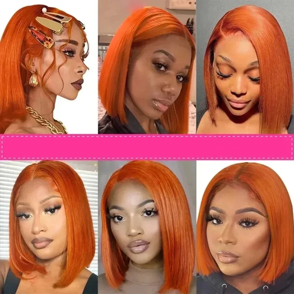 Kurze Bob Echthaar Lace Frontal Perücke Ingwer Orange Brasilianisches Remy für Frauen Täglich_voghion.com