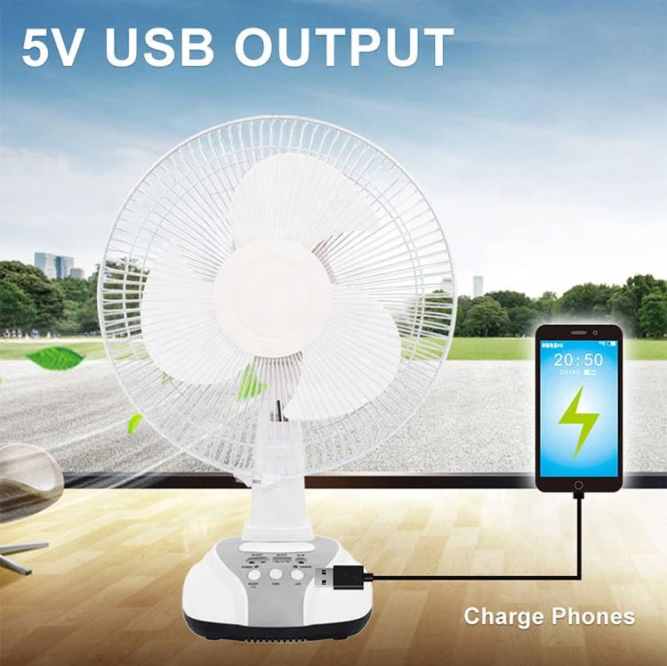 12V AC/DC Charging LED Light USB & Solar Powered 16/14/12 Inch Desk Fan Electric Table Fan with Plastic Plate for Outdoor Use