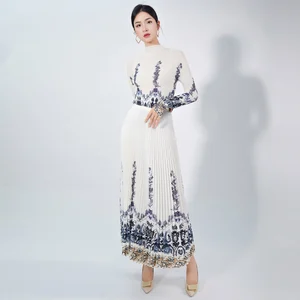 Latest Casual Style Elegant Two-Piece Set for Ladies Pleated Skirt Printed Top Turtleneck Polyester Fabric With Pattern Decor