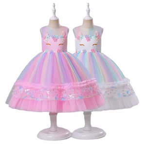 Customizable Summer New Arrival Unicorn Rainbow Tulle Girls Dresses Sleeveless Princess Dress for Kids