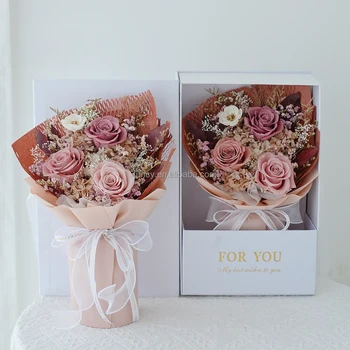 Antique Pink Shade Natural Dried Bouquet De Fleurs Preserved Eternal Rose for Wedding Christmas or Valentine's Day Celebration
