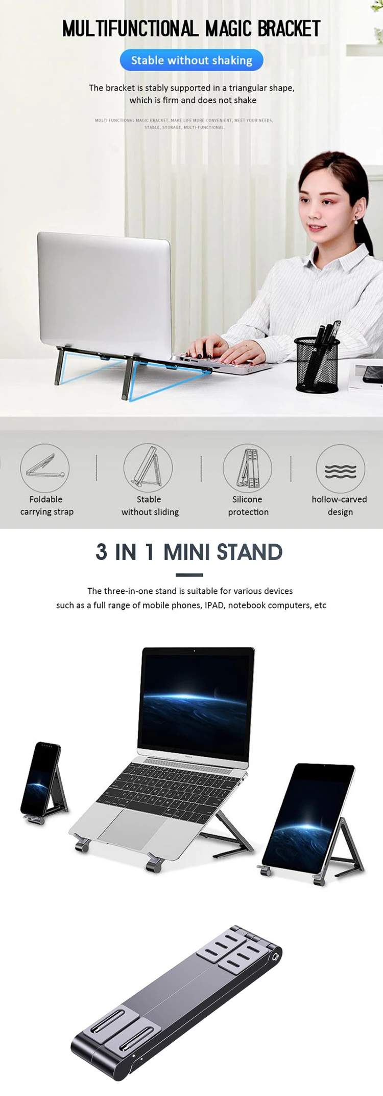 3-in-1 Multi-function Foldable Adjustable Aluminum Tablet Laptop Notebook Cell Phone Desktop Holder Stand Support