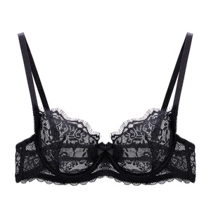 Hot Sexy Summer Floral Push-Up Design Bra Mature Women Transparent Lace Embroidery Thin Breathable Knitted Adjusted-Straps