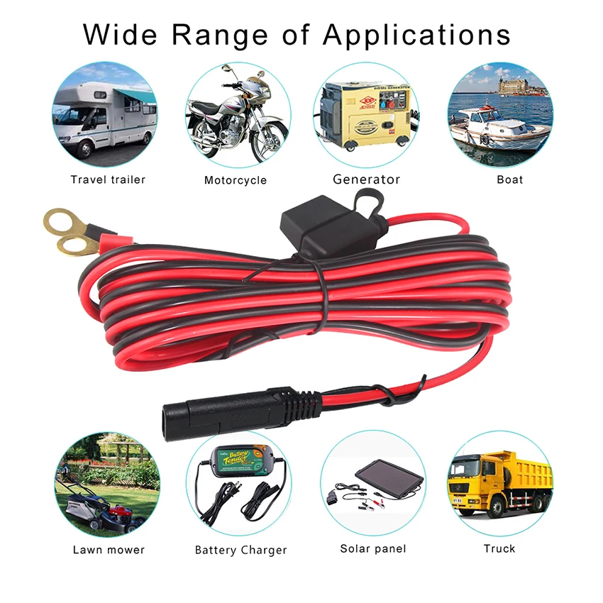 12V/24V Solar Battery Charger Cable 2Pin SAE Quick Disconnect Connector to Ring Terminals Battery Power Cable