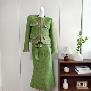 Light Luxury Style Evening Dress Manufacturer Heavy-Duty Woven Tassel Tweed Bow Anti-Wrinkle Regular Fit Slimming Midi Set