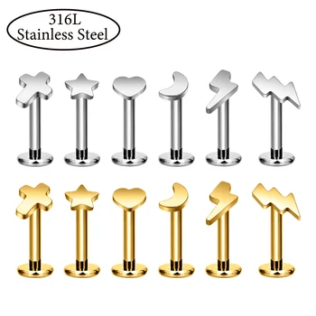 316L Stainless Steel Moon Star Cross Labret Lip Stud Surgical Material Cartilage Helix Tragus Waterproof Body Piercing Jewelry