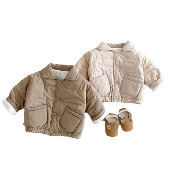 Children's clothes solid color cotton baby coat winter Korean style boys ang girls plus velvet thickened baby top