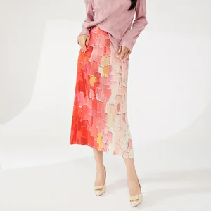Women's Vintage Pleated A-Line Skirt Elastic Printed Gradient Breathable Natural Waistline Enhancing Temperament Personality