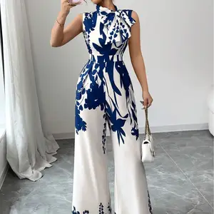 Ladies Vintage Office Jumpsuit Empire Long-sleeved Casual Belt Floral Print Mandarin Collar for Spring Summer Autumn