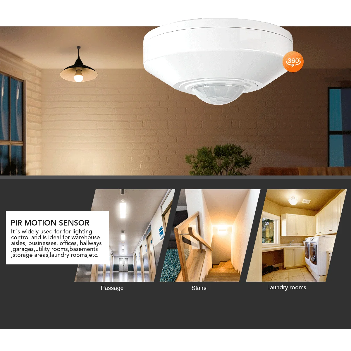 Ceiling Mount Motion Sensor – 360° Infrared Occupancy Switch, Adjustable Time Delay 5s-7min, High Sensitivity, For Garage, Hallway, Stairwell