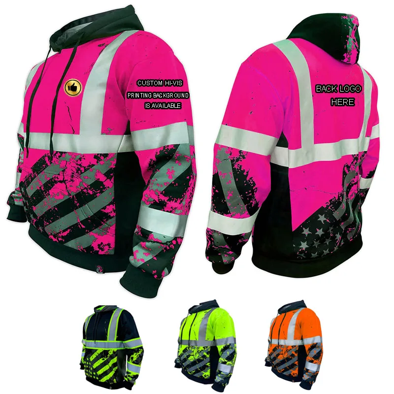 High Visibility American Fluorescent Flag Pink Safety Hoodie ANSI Class 3 Reflective Workwear Sweatshirt Construction Jacket