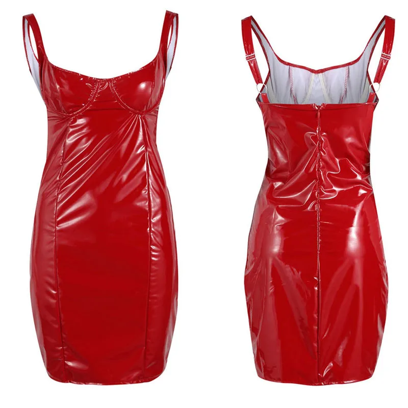 Women Latex Faux Leather Bodycon Mini Dress Sleeveless Strap Sexy Club Dress