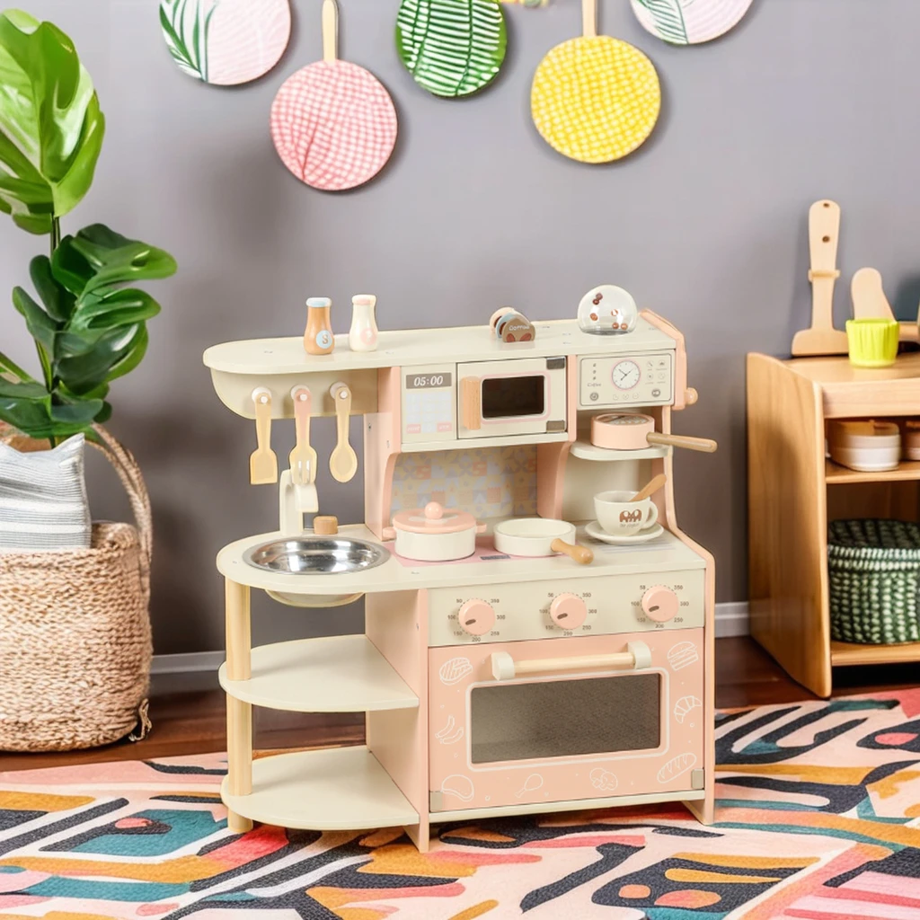 4-Year Old Wood Kitchen Toys for Girls Whole Set DIY Market Stall Stove Talent Chef Appliance & Storage for Preschool & Daycare